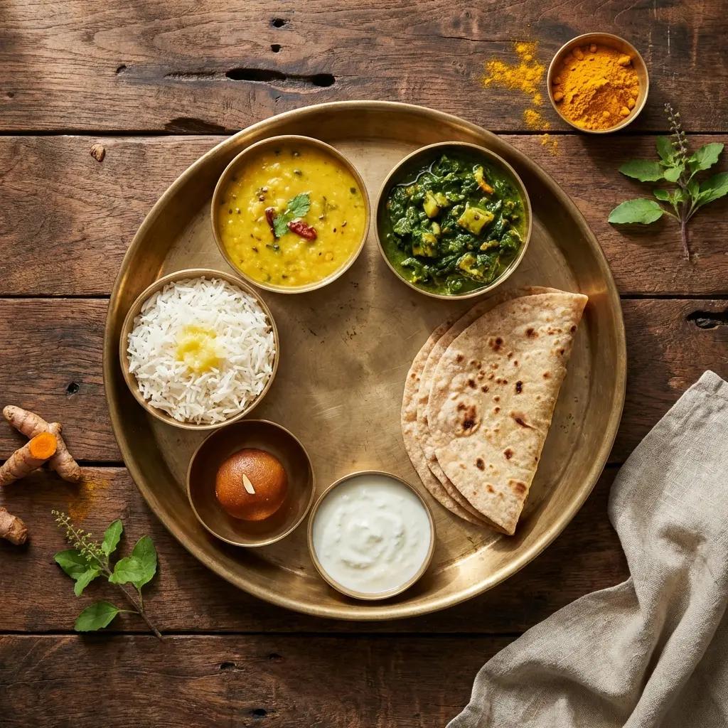 Traditional vegetarian food prepared as an offering to Lord Krishna