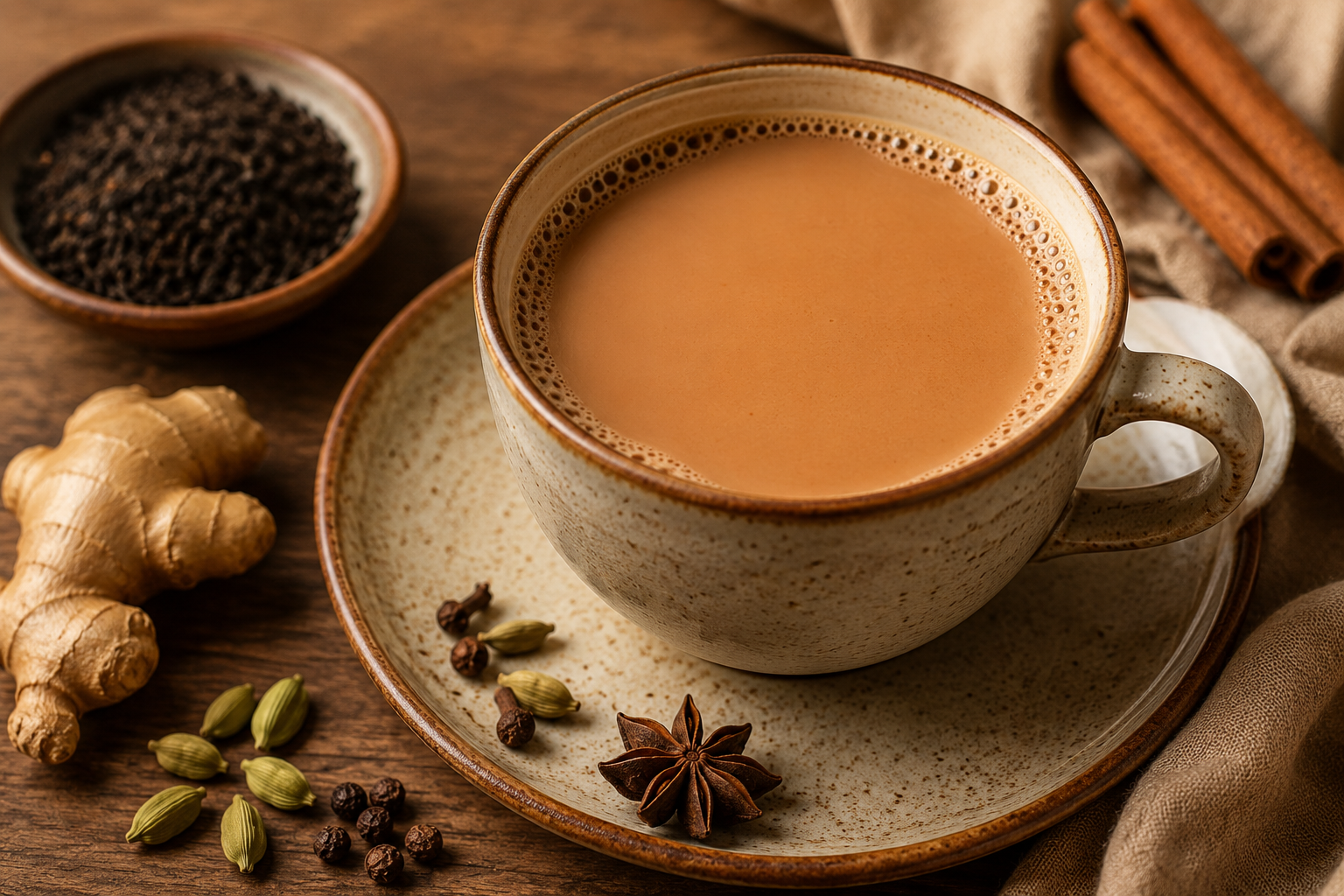 Authentic Indian ginger cardamom masala chai served hot in a tea cup